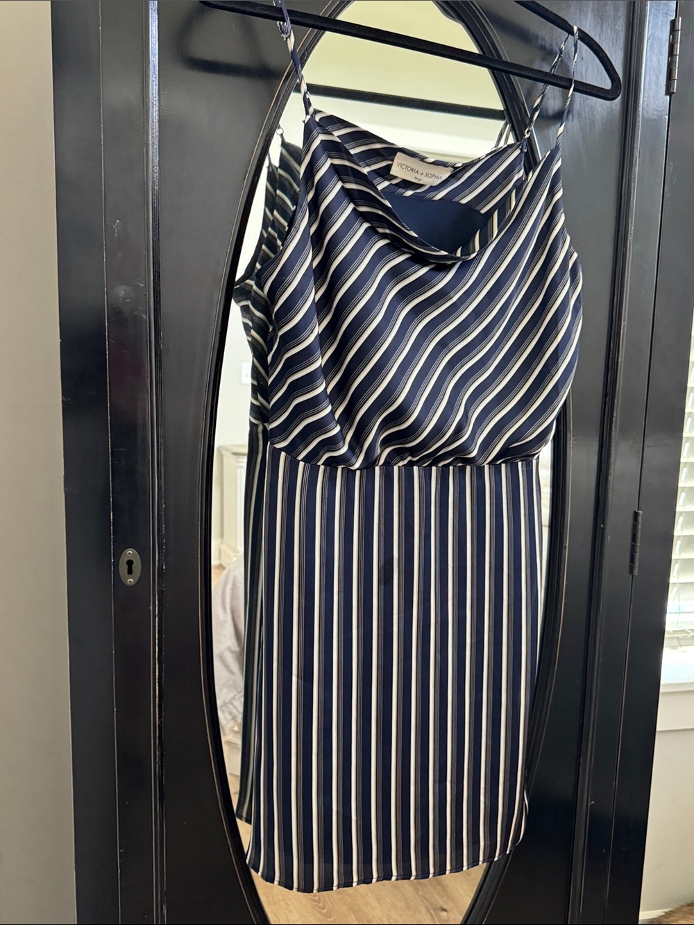 Striped Navy and White Cowl Neck Mini Dress Victoria + Sophia L